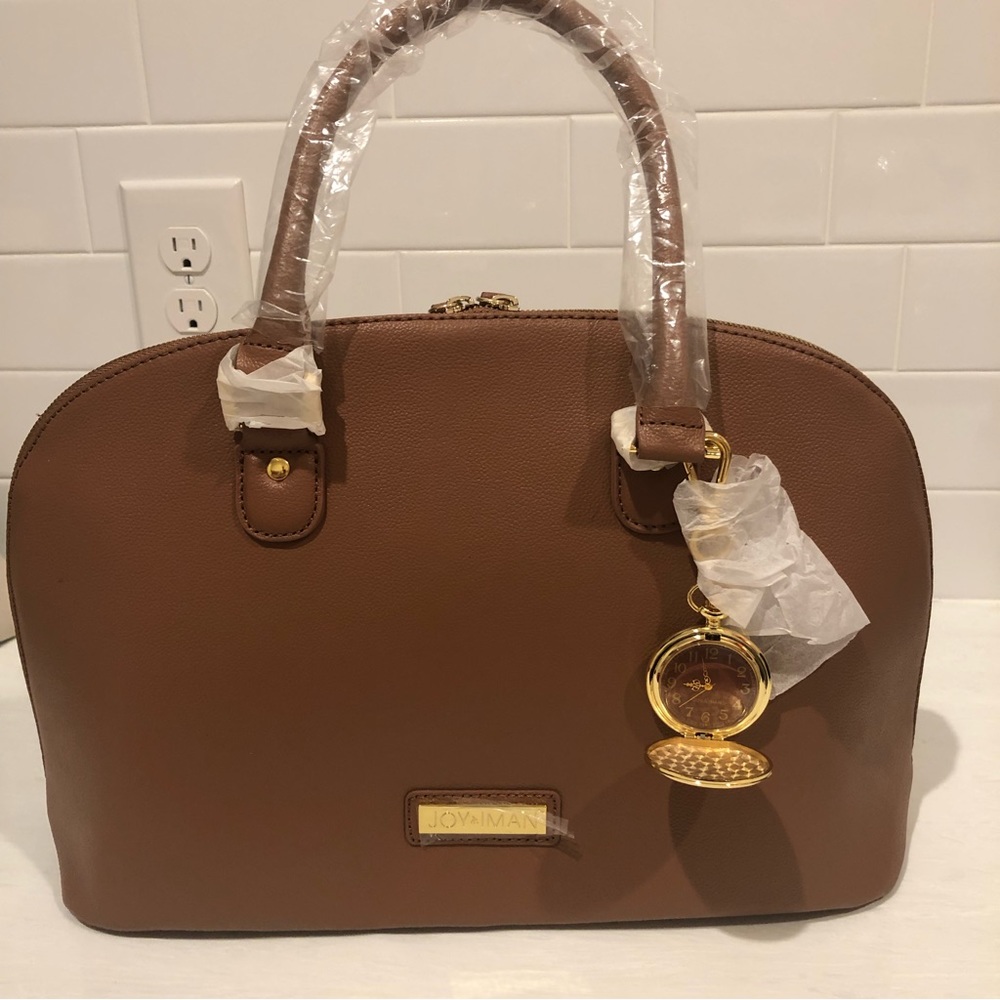 JOY IMAN leather purse in Classic Cognac. Gold accents and pocket watch